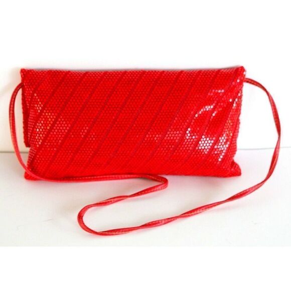 VTG RED MESH GENUINE LEATHER STRAP FLAP MIRROR INSIDE SHOULDER BAG PURSE CLUTCH - Picture 2 of 9